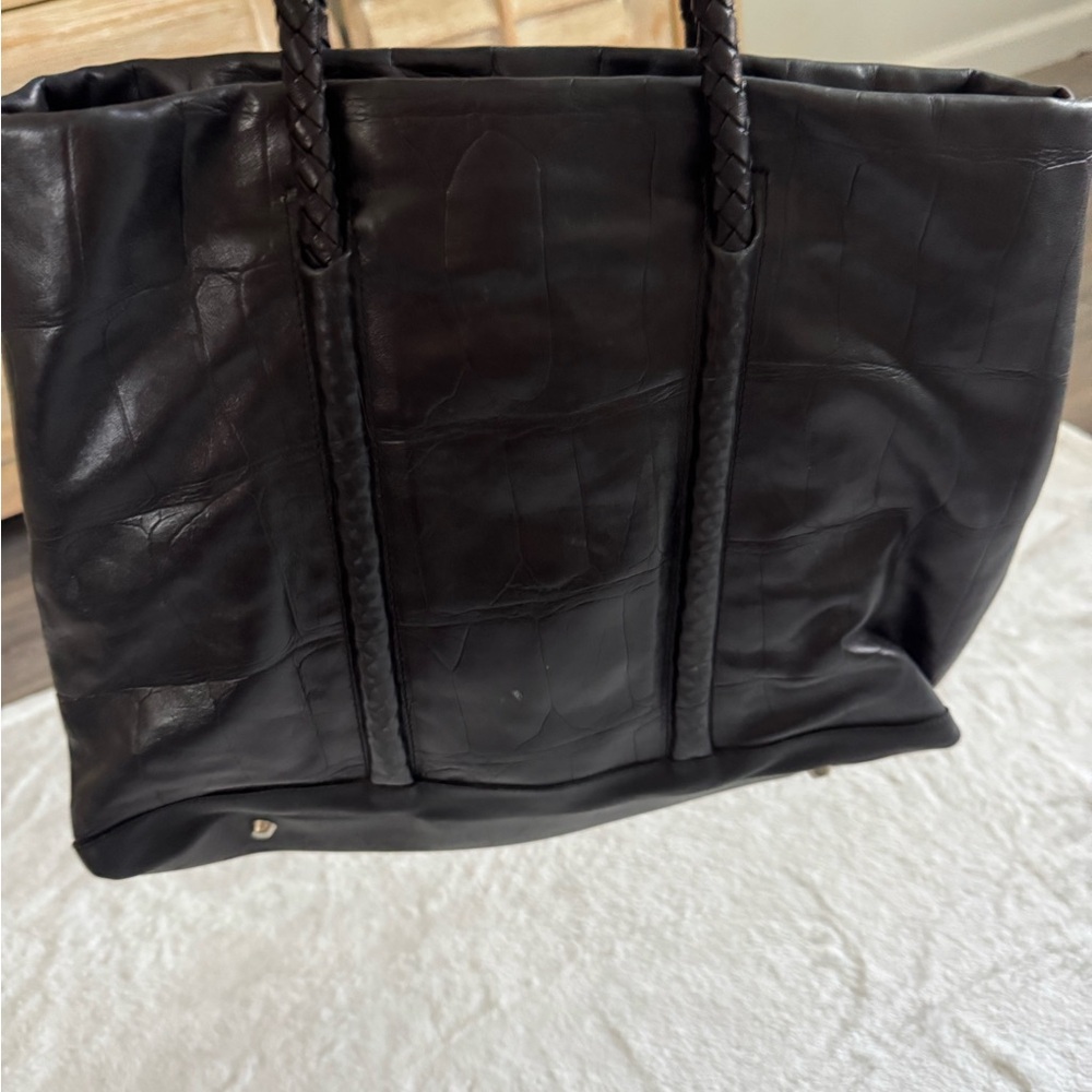 FALOR Classic Black Leather Tote Bag with Braided Handles